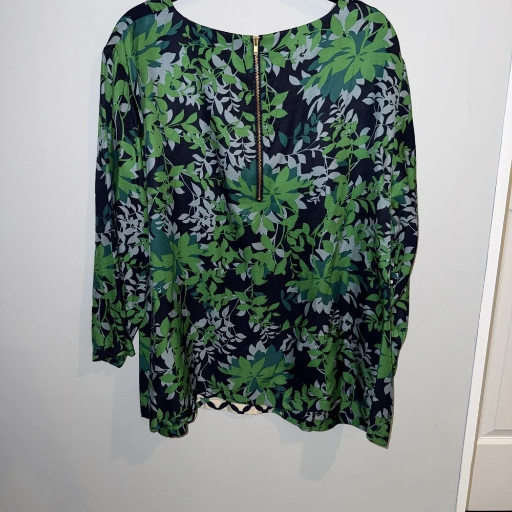 Boden Elisa top short sleeve silk blend‎ back zips up blue green ivory, size 18